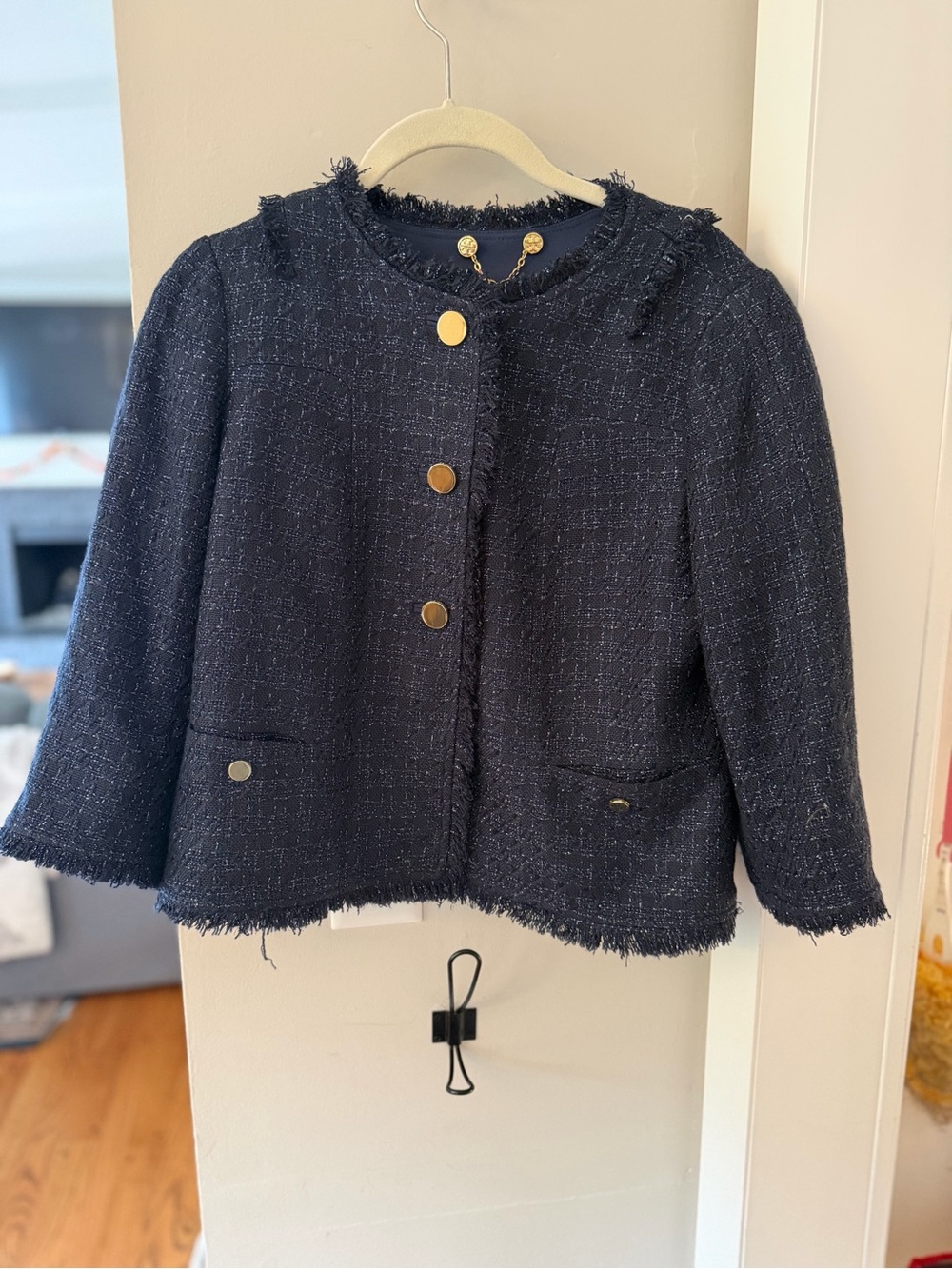 Tory Burch Navy Tweed Jacket with Gold Chain Buttons
